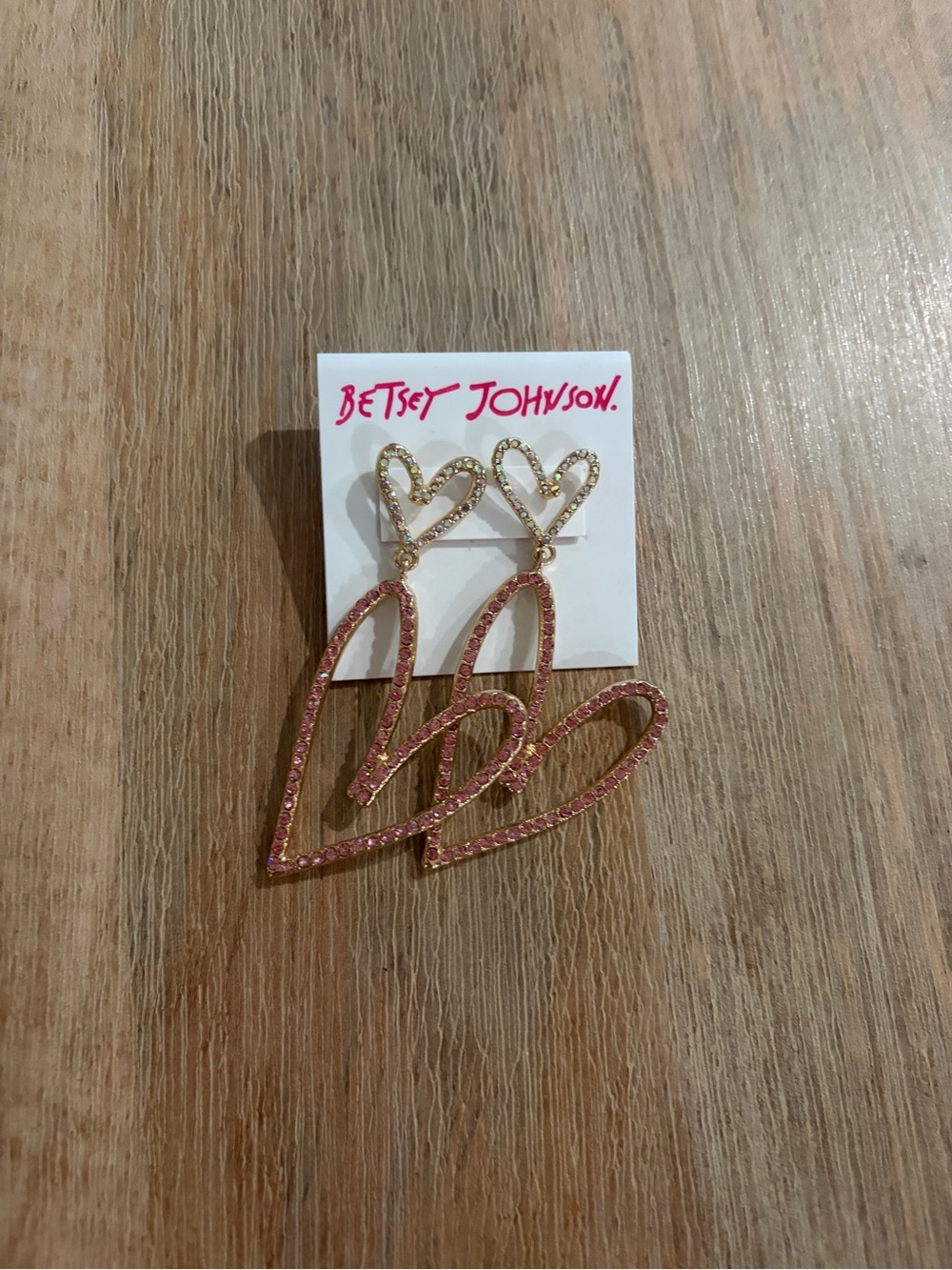 Betsey Johnson Gold-Tone Pink Double Heart Drop Earrings